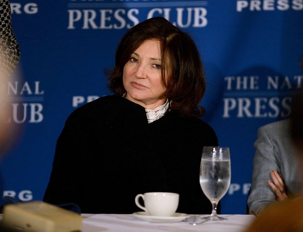 April 15, 2013 - Washington, DC, USA - First lady of Iceland Dorrit Moussaieff listens as her husband, President of Iceland Olafur Grimsson, speaks at the National Press Club in Washington, D.C., Monday, April 15, 2013. (Credit Image: © Chuck Myers/MCT/ZUMAPRESS.com)