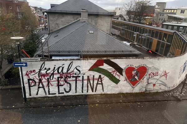 Sáu mann spreyja yfir Frjáls Palestína listaverkið á Skólavörðustíg