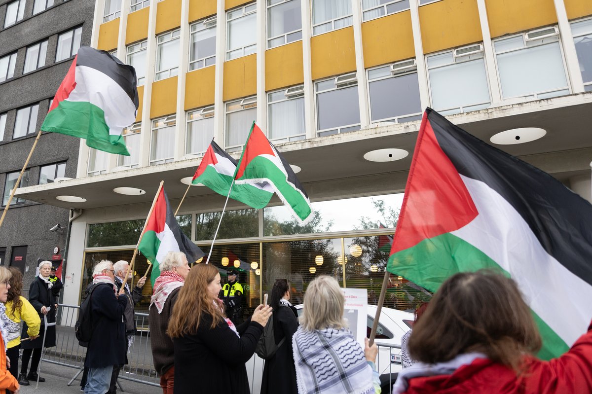 Félagsmenn félagsins Ísland Palestínu mótmæla við stjórnarráðið