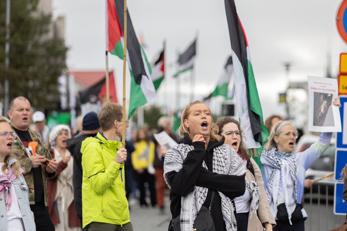 Félagsmenn félagsins Ísland Palestínu mótmæla við stjórnarráðið