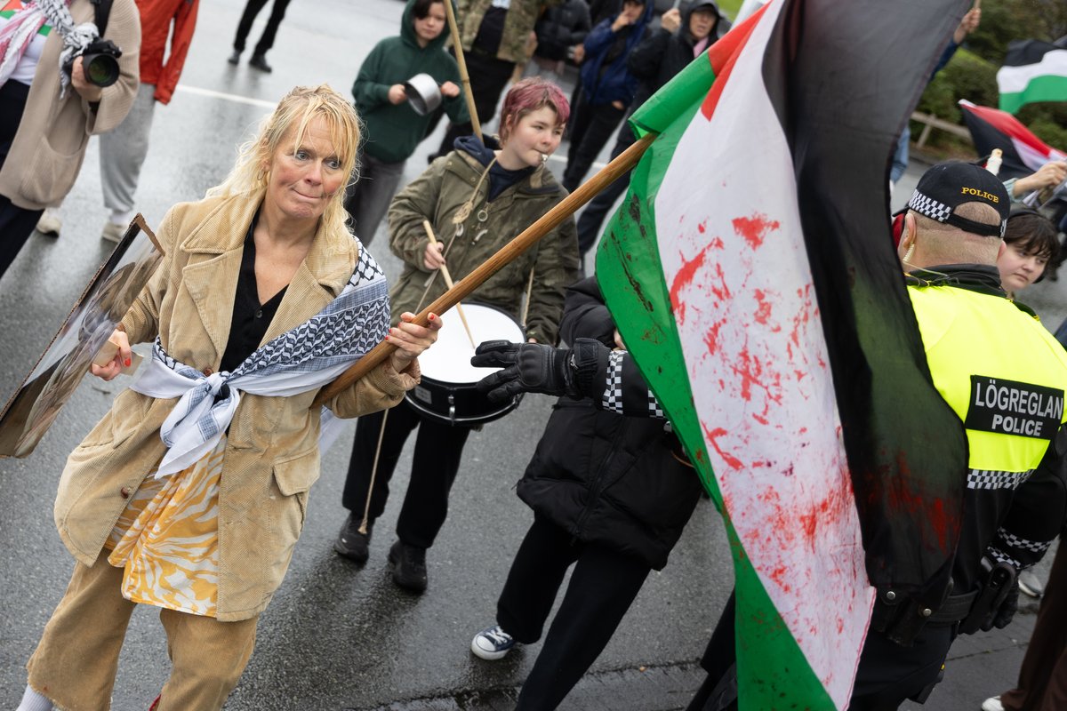 Félagsmenn félagsins Ísland Palestínu mótmæla við stjórnarráðið